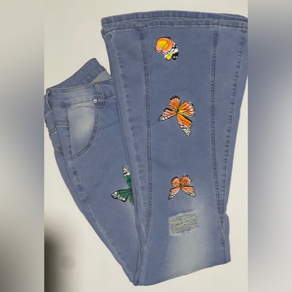 Butterfly Painted Flare Bottom Jeans | Stretch Denim | Size M - Picture 8 of 10